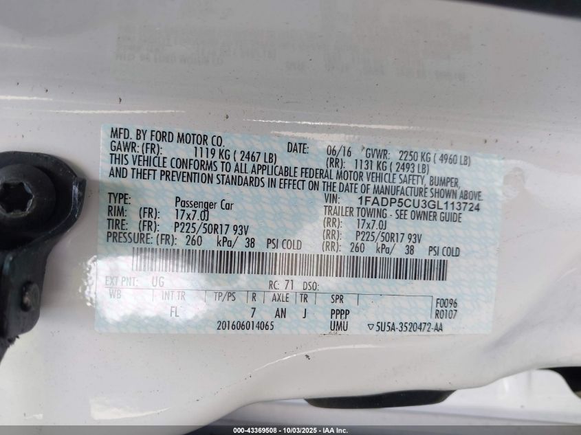 2016 Ford C-Max Energi Sel VIN: 1FADP5CU3GL113724 Lot: 43369508