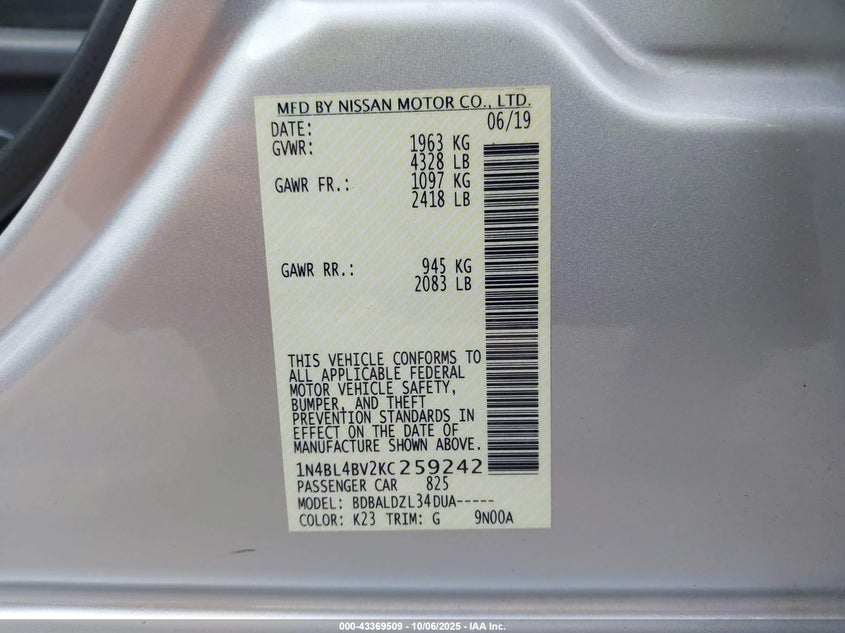 2019 NISSAN ALTIMA 2.5 S 1N4BL4BV2KC259242