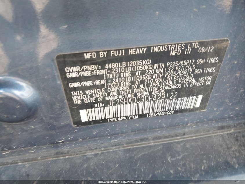 2013 Subaru Forester 2.5X Premium VIN: JF2SHADC3DH429122 Lot: 43369510