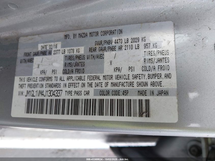 2018 Mazda Mazda6 Touring VIN: JM1GL1VM4J1304337 Lot: 43369524
