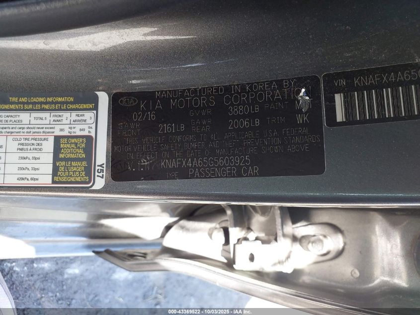 2016 Kia Forte Lx VIN: KNAFX4A65G5603925 Lot: 43369522