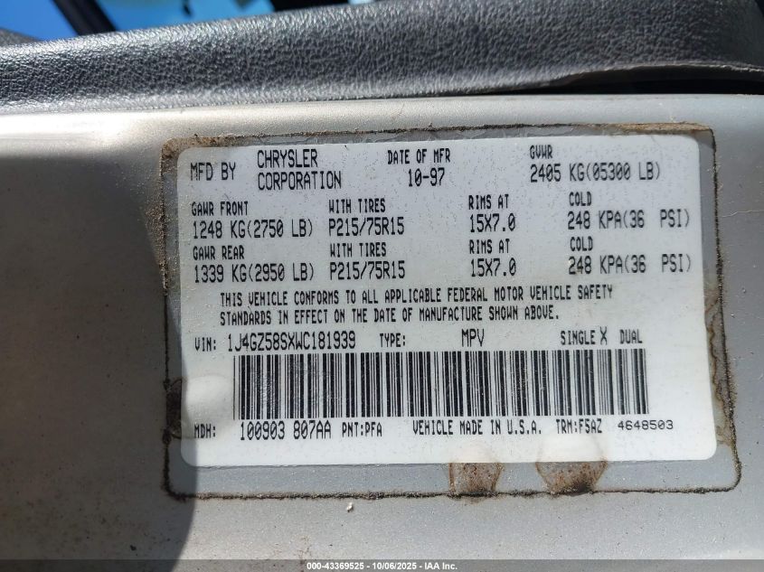 1998 Jeep Grand Cherokee Laredo VIN: 1J4GZ58SXWC181939 Lot: 43369525