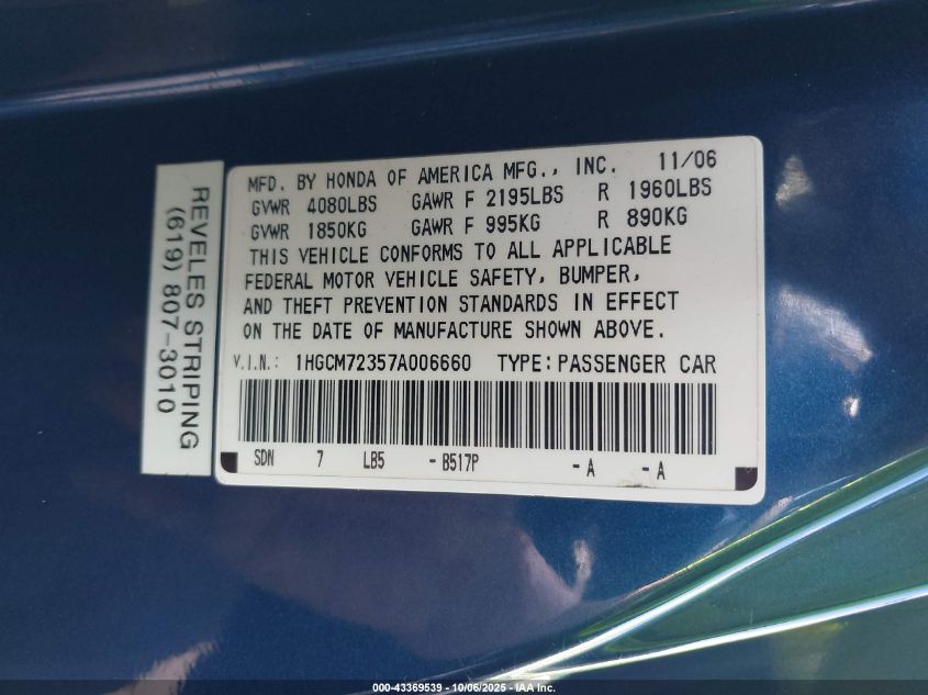 2007 Honda Accord 2.4 Lx VIN: 1HGCM72357A006660 Lot: 43369539