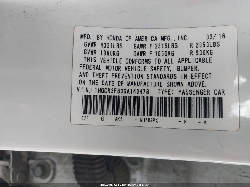 2016 Honda Accord Ex-L VIN: 1HGCR2F83GA140478 Lot: 43369541