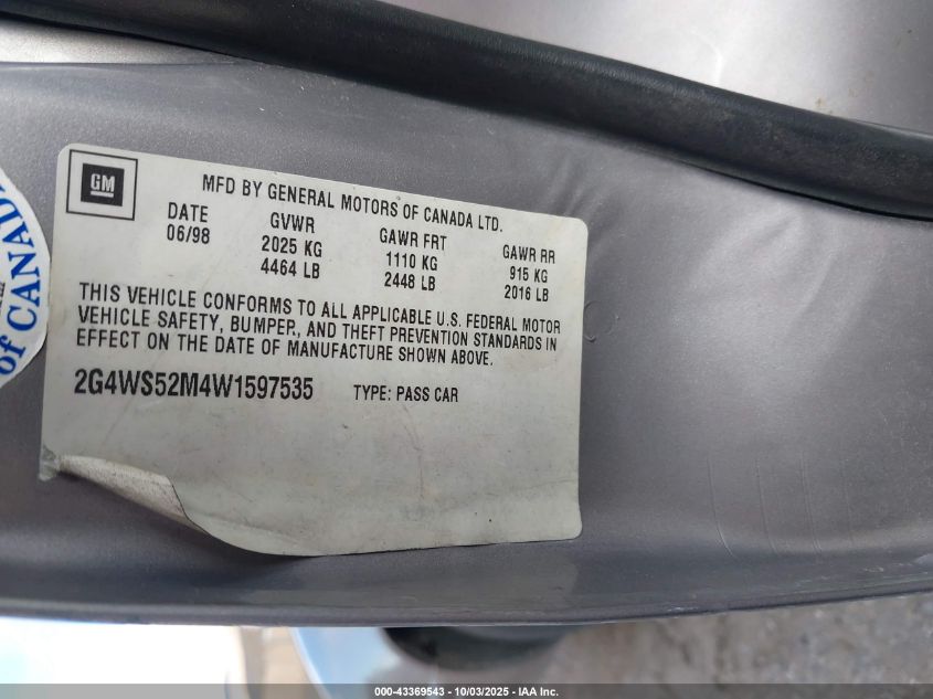 1998 Buick Century Custom VIN: 2G4WS52M4W1597535 Lot: 43369543
