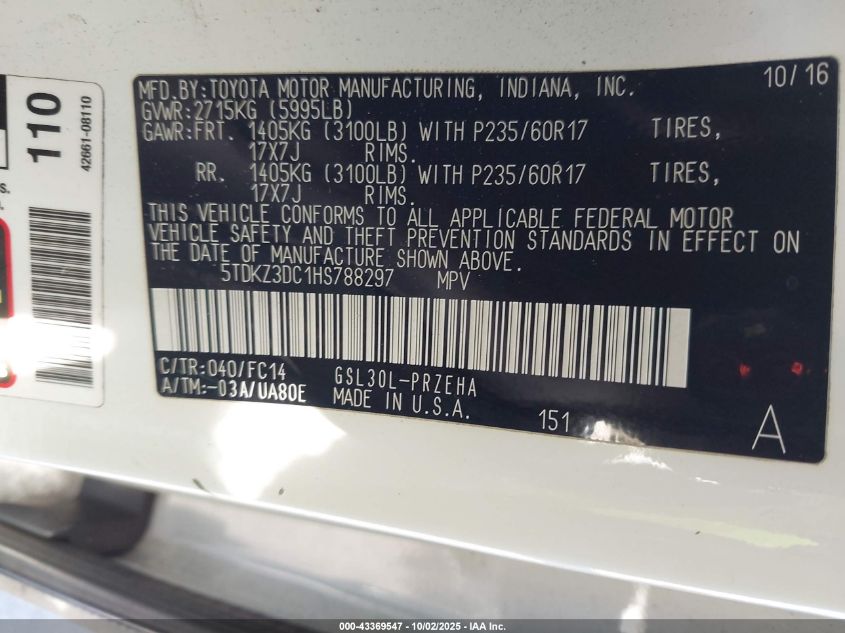 2017 Toyota Sienna Le 8 Passenger VIN: 5TDKZ3DC1HS788297 Lot: 43369547