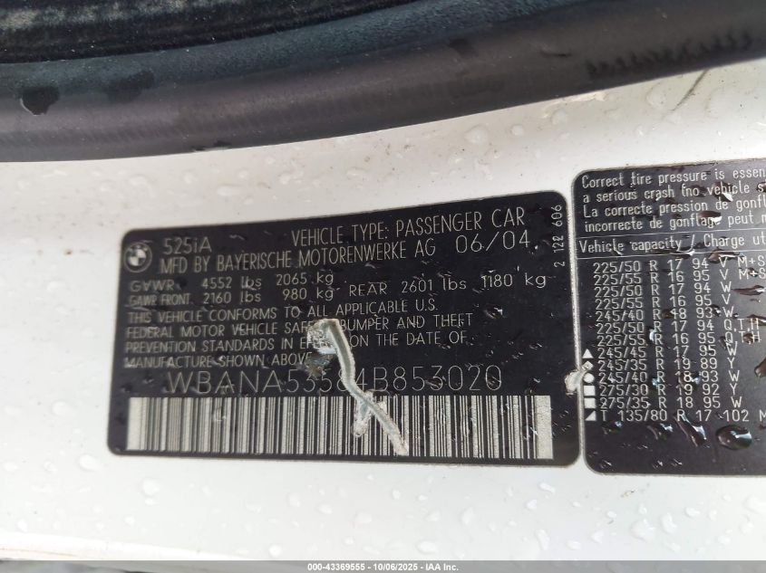 2004 BMW 525I VIN: WBANA53584B853020 Lot: 43369555