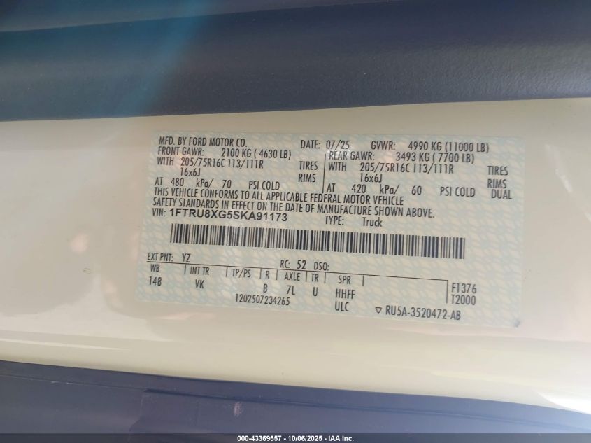 2025 Ford Transit-350 Cargo Van VIN: 1FTRU8XG5SKA91173 Lot: 43369557