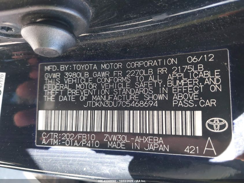 2012 Toyota Prius Two VIN: JTDKN3DU7C5468694 Lot: 43369560