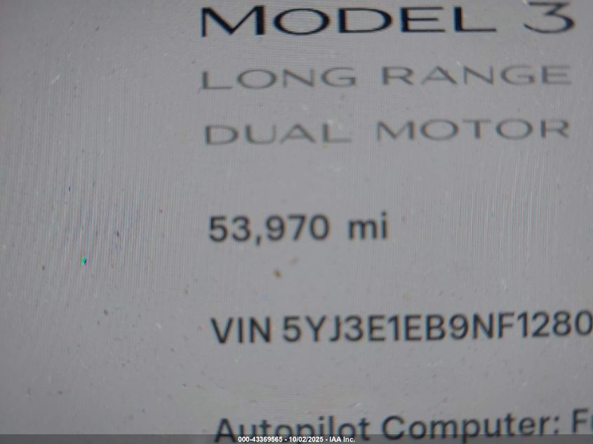 2022 Tesla Model 3 Long Range Dual Motor All-Wheel Drive VIN: 5YJ3E1EB9NF128082 Lot: 43369565