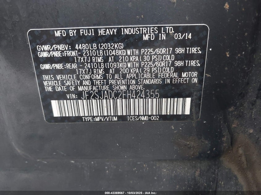 2015 SUBARU FORESTER 2.5I PREMIUM - JF2SJADC2FH424355