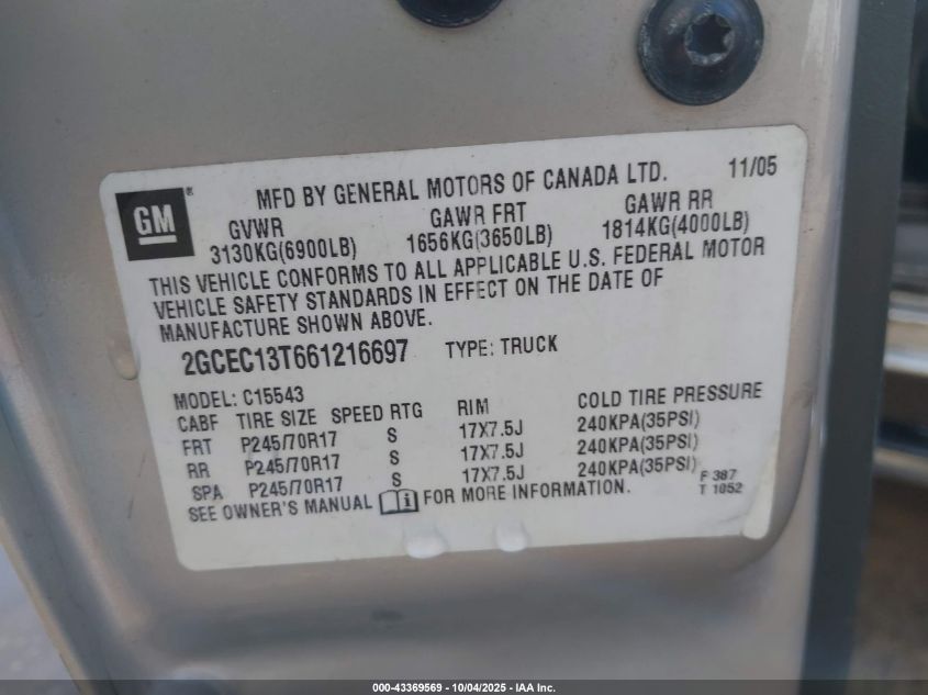 2006 Chevrolet Silverado 1500 Lt2 VIN: 2GCEC13T661216697 Lot: 43369569