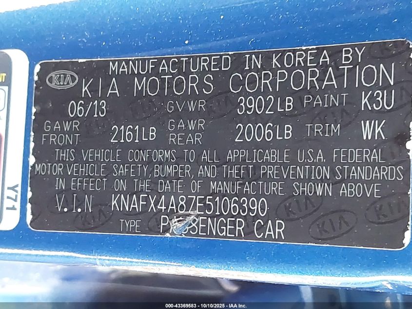 2014 Kia Forte Ex VIN: KNAFX4A87E5106390 Lot: 43369583