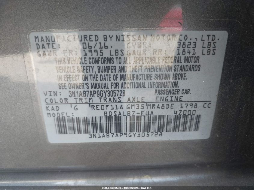 2016 Nissan Sentra S VIN: 3N1AB7AP9GY305728 Lot: 43369589