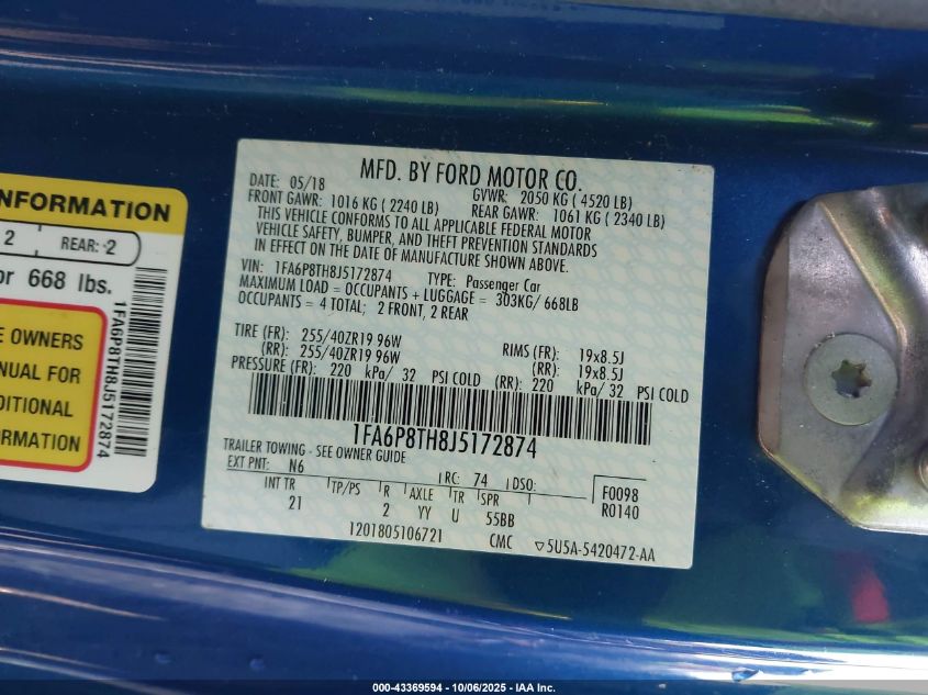 2018 Ford Mustang Ecoboost VIN: 1FA6P8TH8J5172874 Lot: 43369594