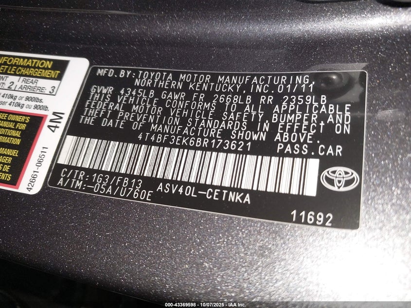 2011 Toyota Camry Le VIN: 4T4BF3EK6BR173621 Lot: 43369598