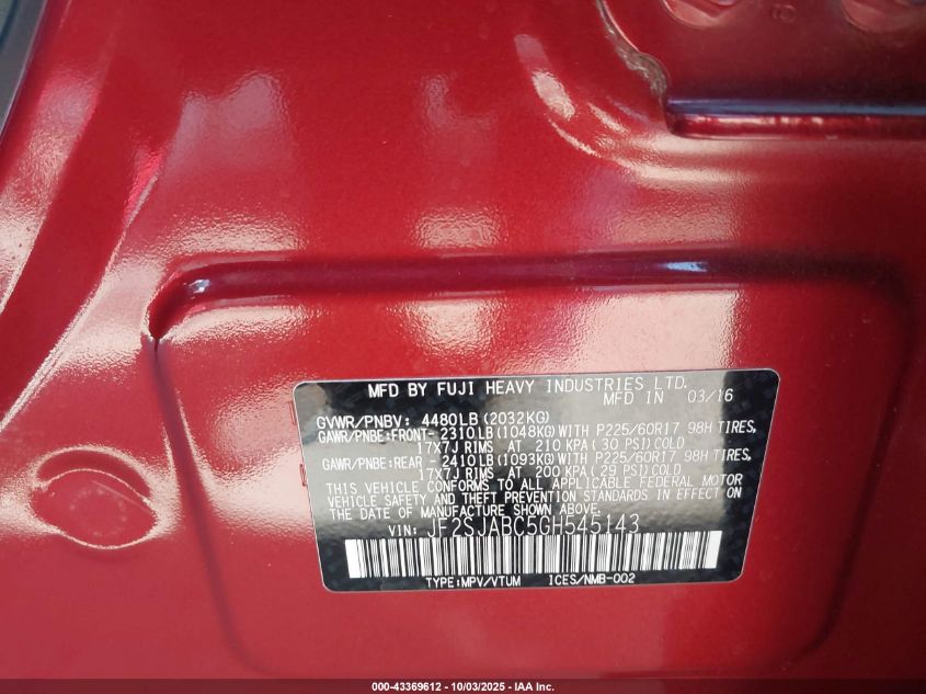 2016 Subaru Forester 2.5I VIN: JF2SJABC5GH545143 Lot: 43369612