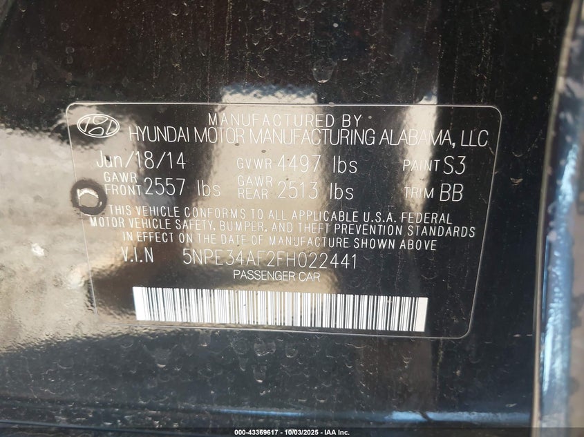 2015 HYUNDAI SONATA LIMITED - 5NPE34AF2FH022441