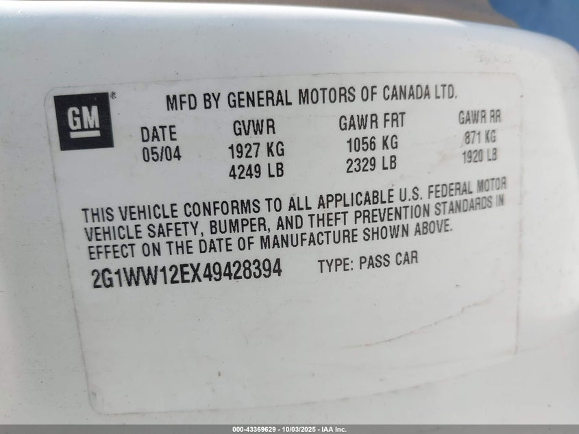 2G1WW12EX49428394 2004 CHEVROLET MONTE CARLO photo no. 9