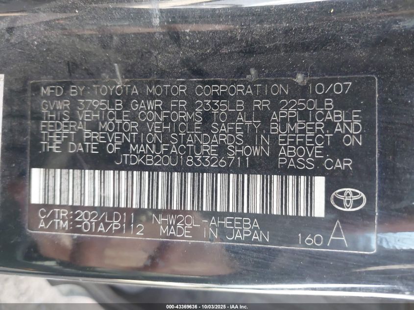 2008 Toyota Prius VIN: JTDKB20U183326711 Lot: 43369636