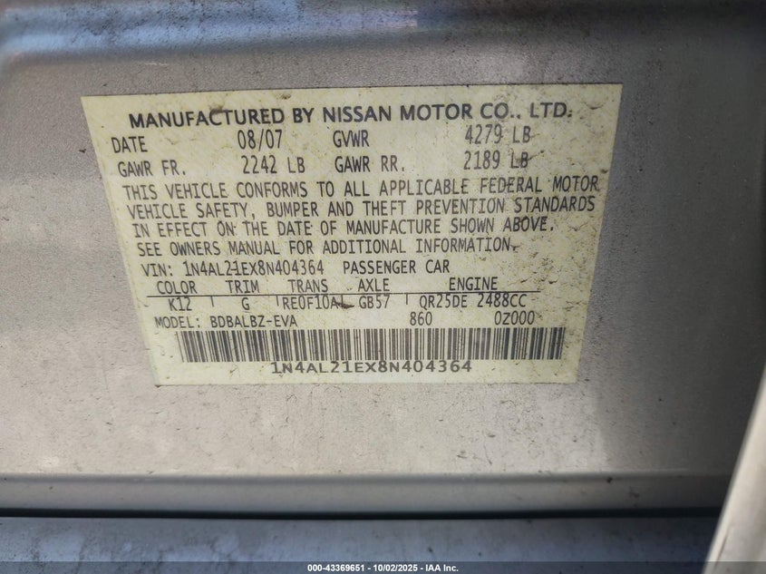 1N4AL21EX8N404364 2008 NISSAN ALTIMA photo no. 9