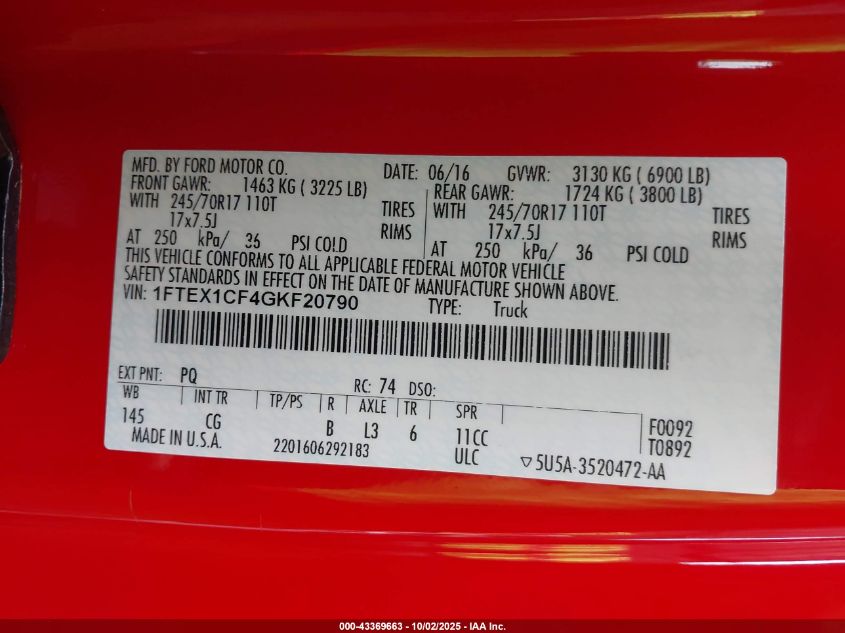 2016 Ford F-150 Xl VIN: 1FTEX1CF4GKF20790 Lot: 43369663
