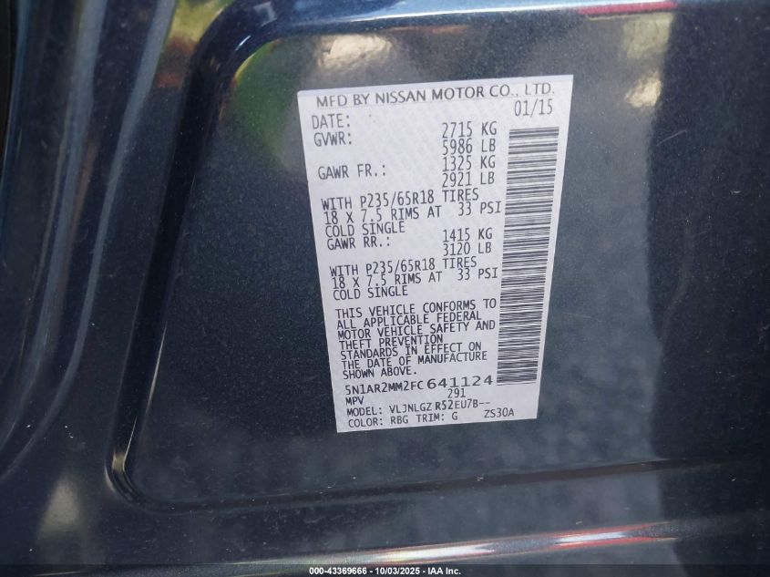 2015 Nissan Pathfinder Sl VIN: 5N1AR2MM2FC641124 Lot: 43369666