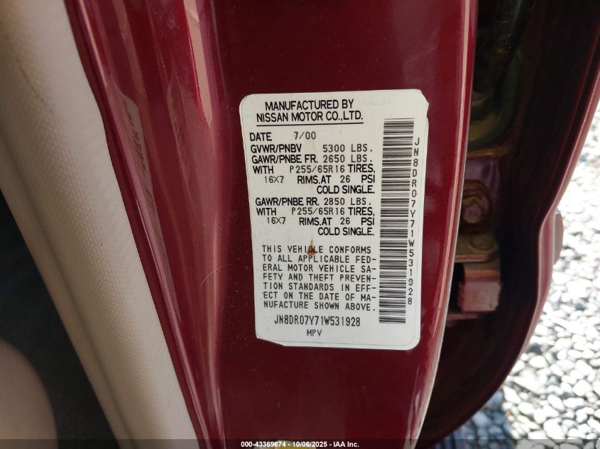 2001 Nissan Pathfinder Le VIN: JN8DR07Y71W531928 Lot: 43369674