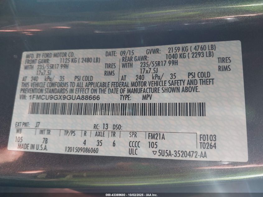 2016 Ford Escape Se VIN: 1FMCU9GX9GUA88666 Lot: 43369680