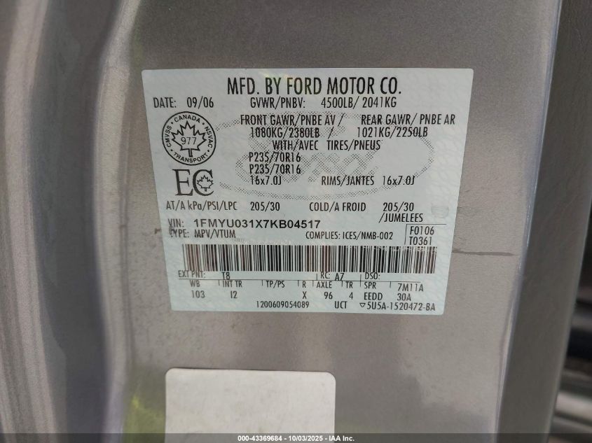 2007 Ford Escape Xlt/Xlt Sport VIN: 1FMYU031X7KB04517 Lot: 43369684