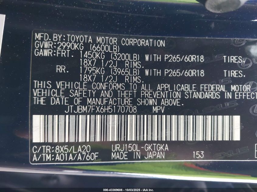 2017 Lexus Gx 460 VIN: JTJBM7FX6H5170708 Lot: 43369686