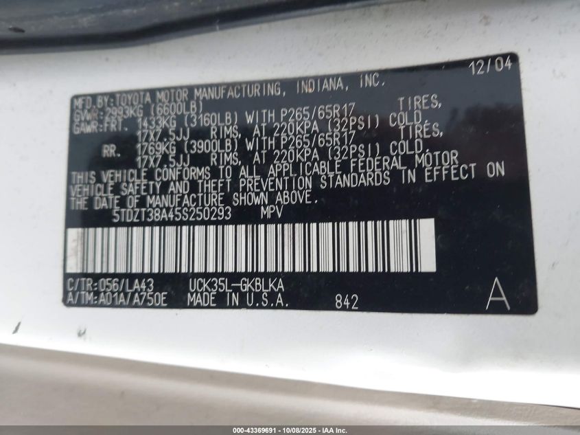 2005 Toyota Sequoia Limited V8 VIN: 5TDZT38A45S250293 Lot: 43369691