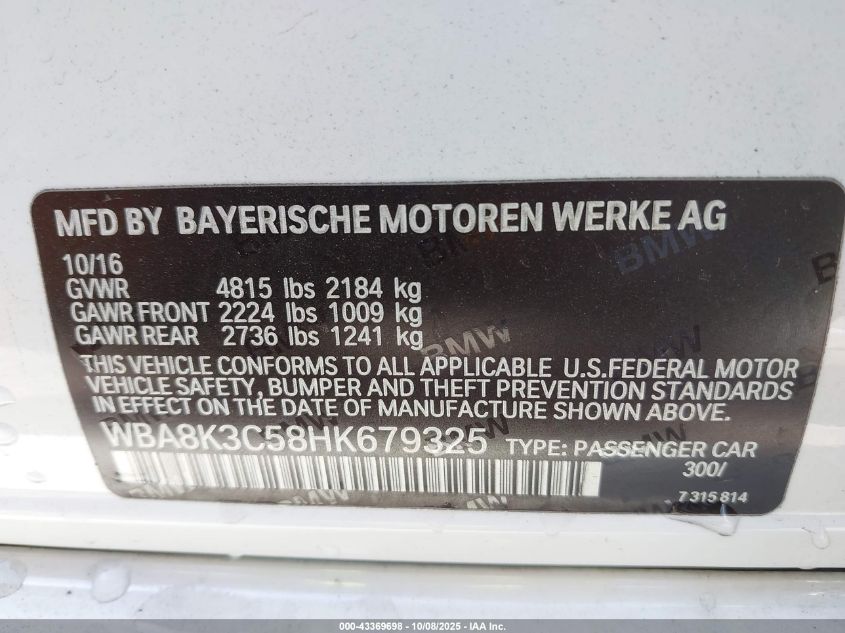 2017 BMW 330I xDrive VIN: WBA8K3C58HK679325 Lot: 43369698