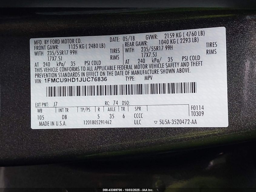 2018 Ford Escape Sel VIN: 1FMCU9HD1JUC76836 Lot: 43369706