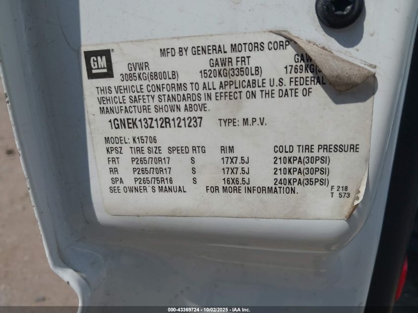 2002 Chevrolet Tahoe Z71 VIN: 1GNEK13Z12R121237 Lot: 43369724