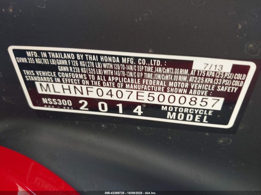 2014 Honda Nss300 VIN: MLHNF0407E5000857 Lot: 43369725