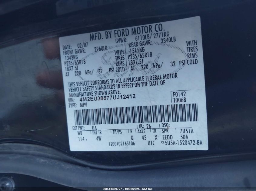 2007 Mercury Mountaineer Premier VIN: 4M2EU38877UJ12412 Lot: 43369727