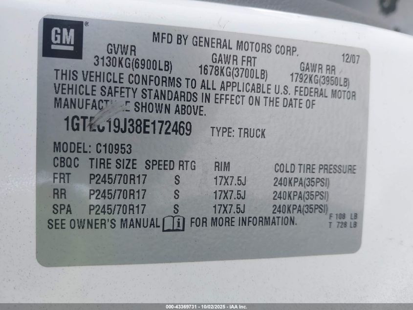 2008 GMC Sierra 1500 Work Truck VIN: 1GTEC19J38E172469 Lot: 43369731