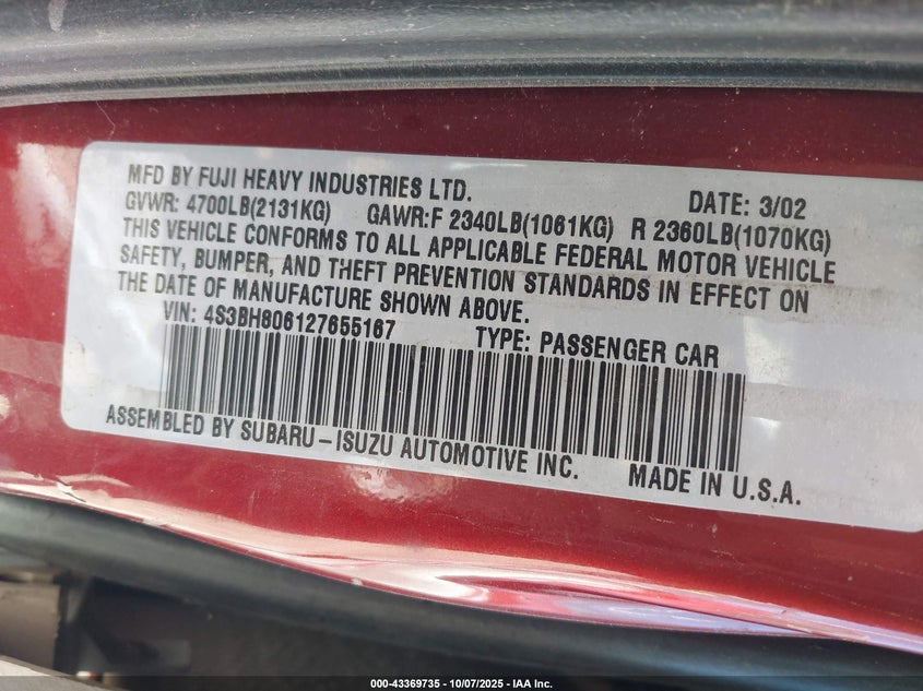 2002 Subaru Outback H6-3.0 L.l. Bean Edition VIN: 4S3BH806127655167 Lot: 43369735