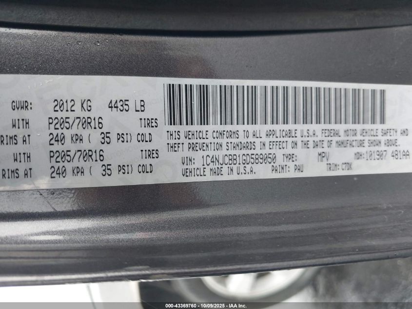 2016 Jeep Compass Sport VIN: 1C4NJCBB1GD589050 Lot: 43369760