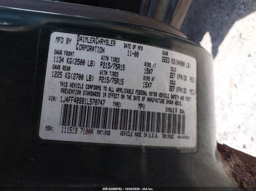 2001 Jeep Cherokee Sport VIN: 1J4FF48S81L570747 Lot: 43369762