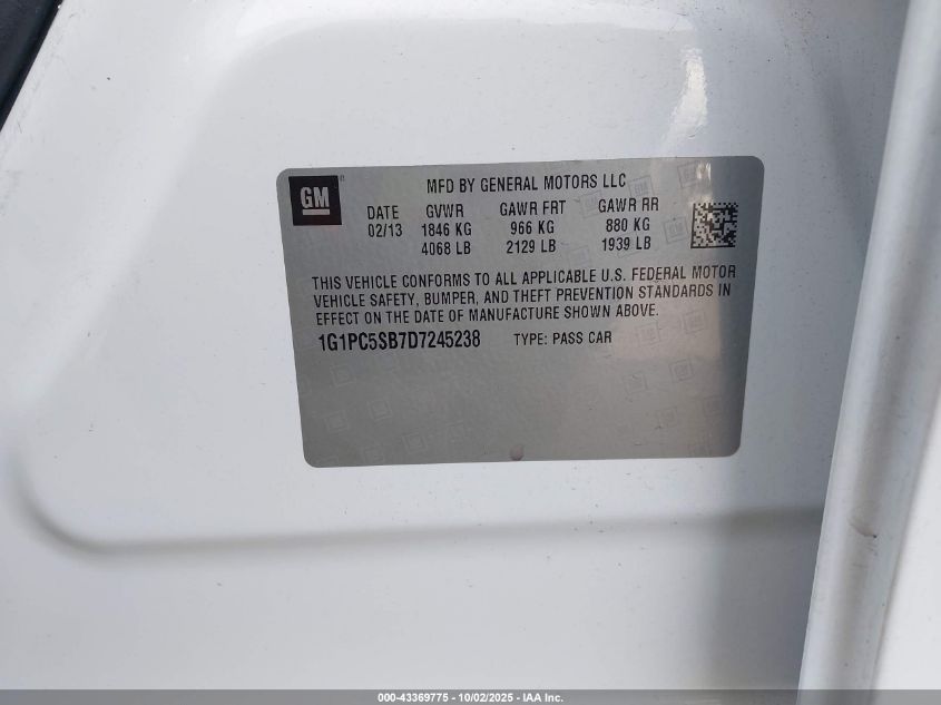2013 Chevrolet Cruze 1Lt Auto VIN: 1G1PC5SB7D7245238 Lot: 43369775