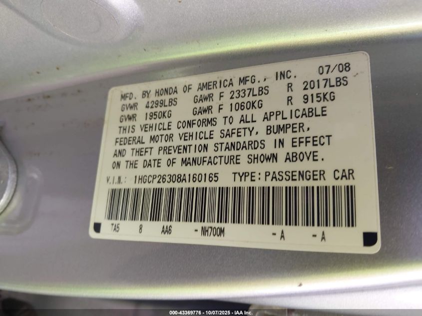 2008 Honda Accord 2.4 Lx VIN: 1HGCP26308A160165 Lot: 43369776