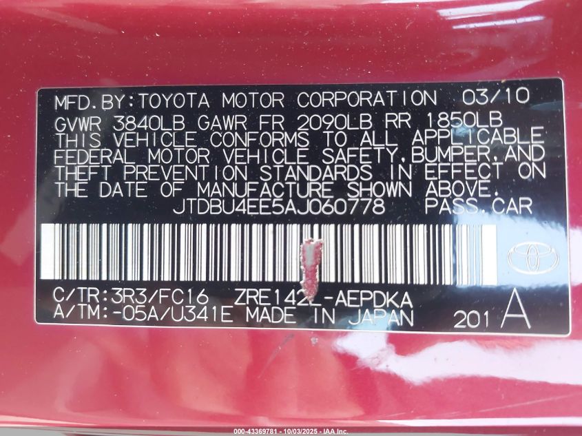 2010 Toyota Corolla Le VIN: JTDBU4EE5AJ060778 Lot: 43369781