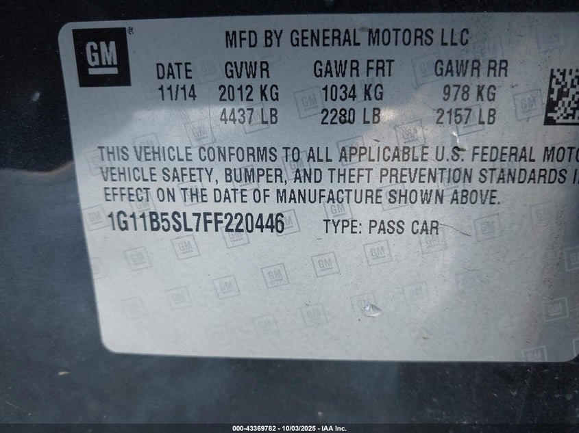 2015 Chevrolet Malibu Ls VIN: 1G11B5SL7FF220446 Lot: 43369782