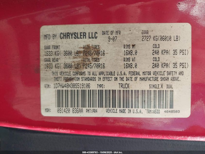 2008 Dodge Dakota Slt VIN: 1D7HW48N38S519106 Lot: 43369783