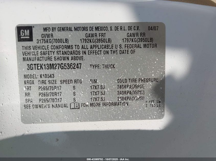 2007 GMC Sierra 1500 Sle2 VIN: 3GTEK13M27G536247 Lot: 43369792