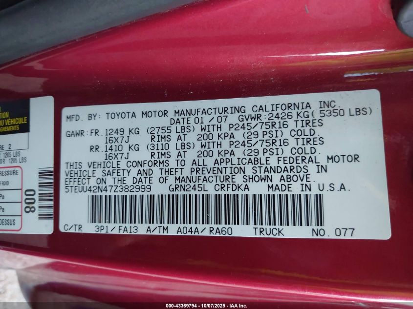 2007 Toyota Tacoma Base V6 VIN: 5TEUU42N47Z382999 Lot: 43369794