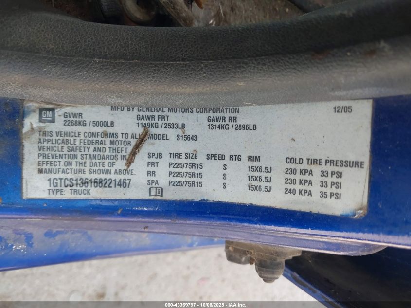 2006 GMC Canyon Sle2 VIN: 1GTCS136168221467 Lot: 43369797