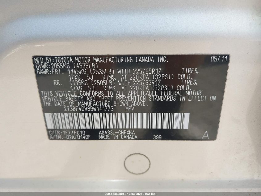 2011 Toyota Rav4 VIN: 2T3BF4DV8BW141773 Lot: 43369804